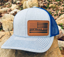 Load image into Gallery viewer, LHP0014 Softball Dad Flag Leather Engraved Hat Patch 3"x2"