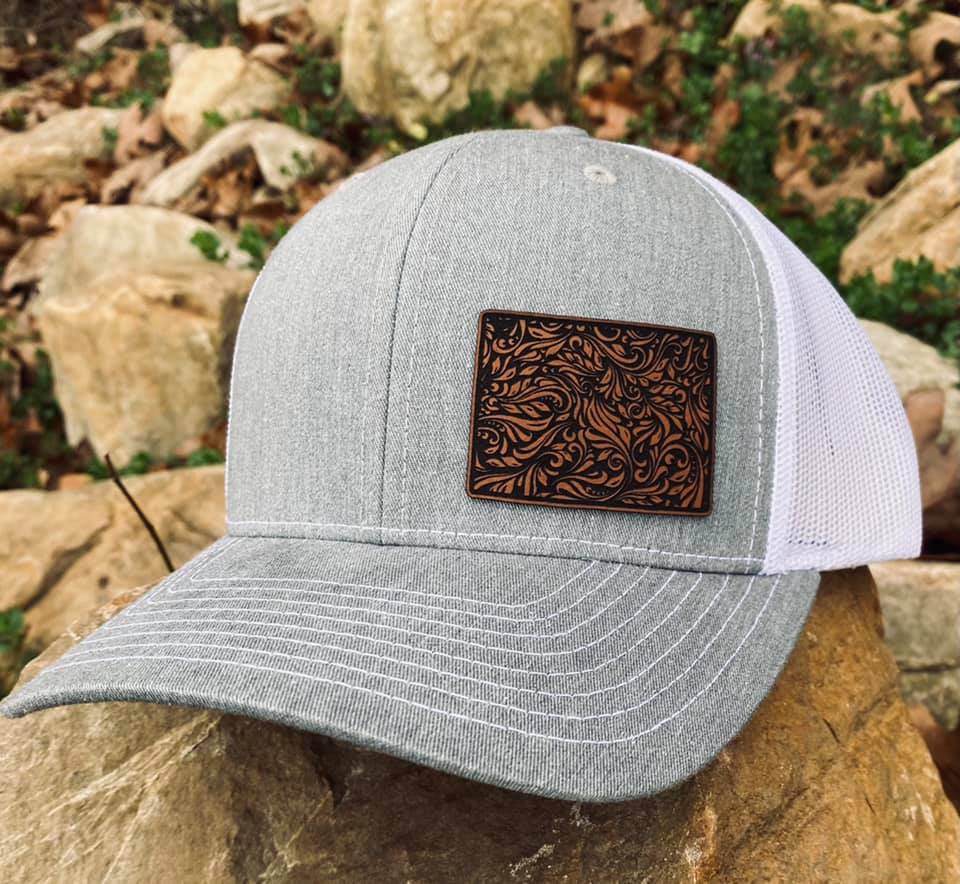 LHP0012 State Western Floral Leather Engraved Hat Patch Rawhide