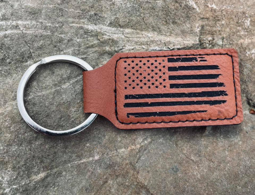 LKC0004 - Distressed Flag Rectangle Leather Engraved Key Chain