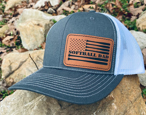 LHP0014 Softball Dad Flag Leather Engraved Hat Patch 3"x2"