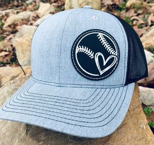 LHP0009 Baseball/Softball Heart Leather Engraved Hat Patch 2.5x2