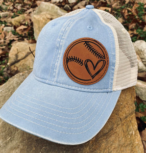 LHP0009 Baseball/Softball Heart Leather Engraved Hat Patch 2.5"x2.5"