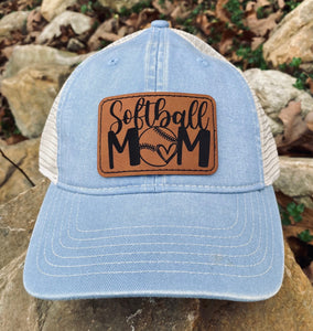 LHP0011 Softball Mom Leather Engraved Hat Patch 3"x2"
