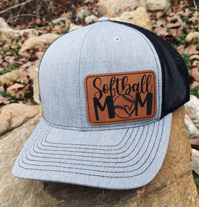 LHP0011 Softball Mom Leather Engraved Hat Patch 3"x2"