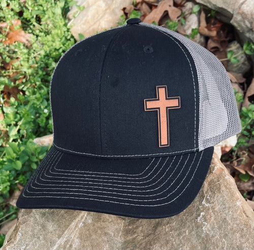 LHP0018 Simple Cross Leather Engraved Hat Patch 2x1.25