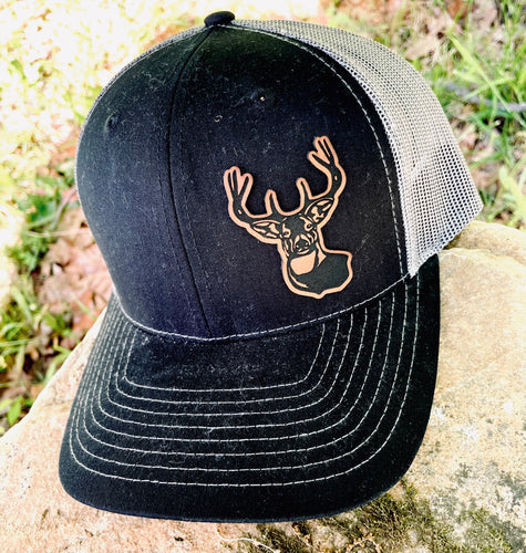 LHP0038 Whitetail Deer Head Cut Out Leather Engraved Hat Patch- 2x2.5