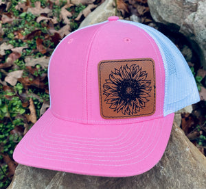 LHP0003 Sunflower Leather Engraved Hat Patch 2.5"x2.5"