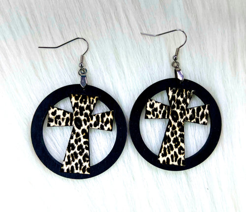 E0039 Leopard Cross Wood Engraved Earrings