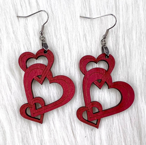 E0040 Red Hearts Wood Engraved Earrings