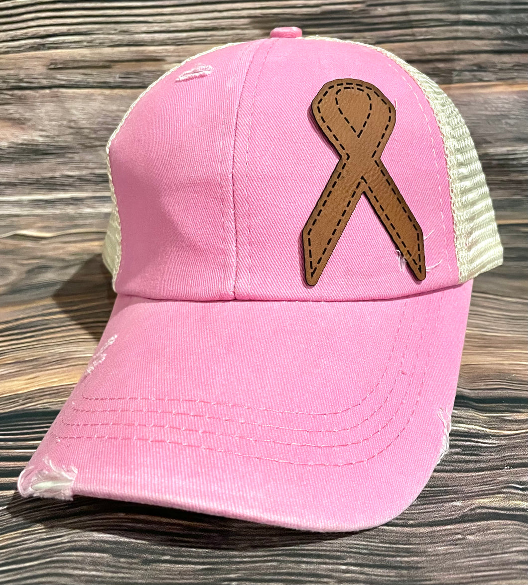 LHP0059 Cancer Ribbon 3x2 Leather Engraved Hat Patch